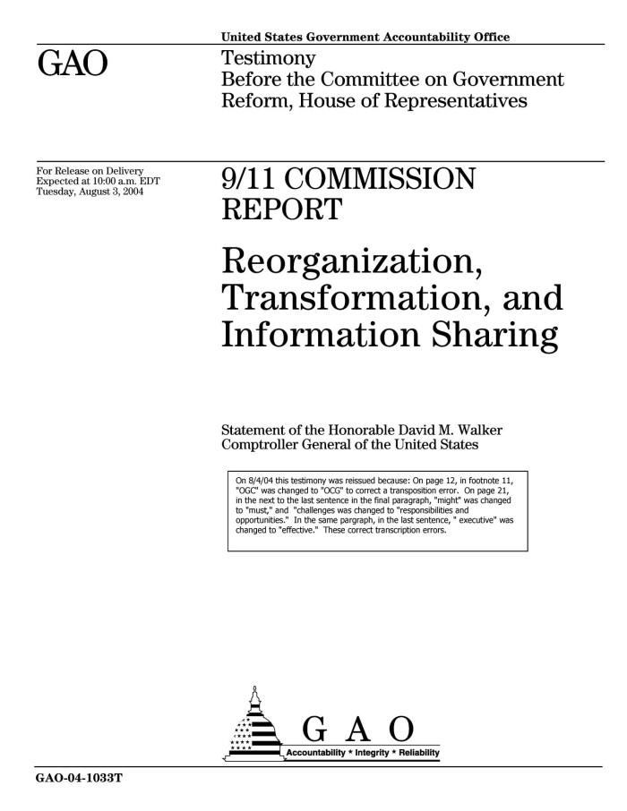<b>9</b>/<b>11</b> Commission <b>Report</b>: Reorganization, Transformation, and ...