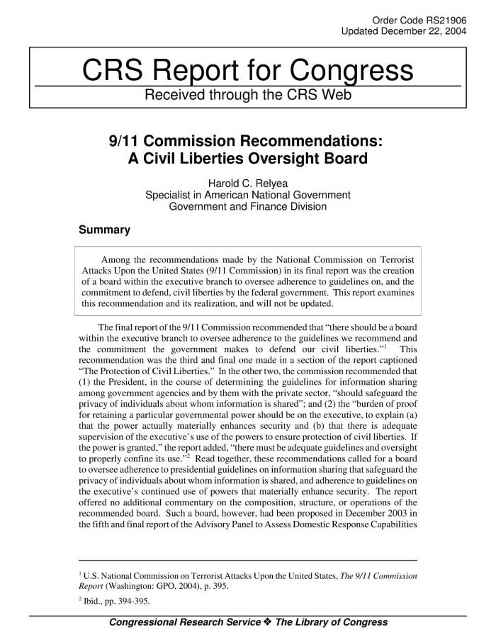 <b>9/11</b> Commission Recommendations: A <b>Civil Liberties</b> Oversight Board ...